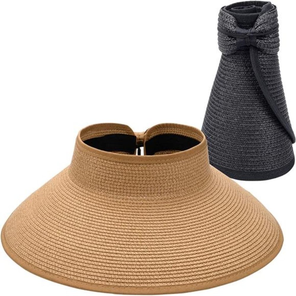 2PCS Foldable Straw Sun Visors for Women, Wide Brim Adjustable Topless Beach Hat
